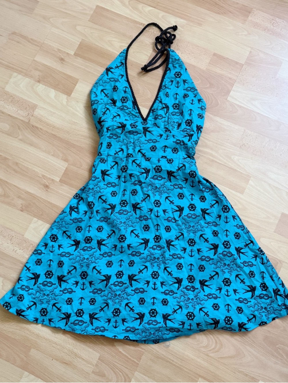Too Fast Turquoise Halter Dress with Black Nautical Print
